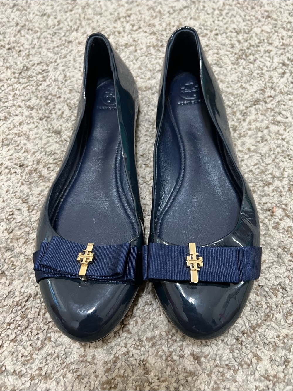Tory Burch Trudy Blue Patent Leather Bow Flats with Gold Logo Size 8